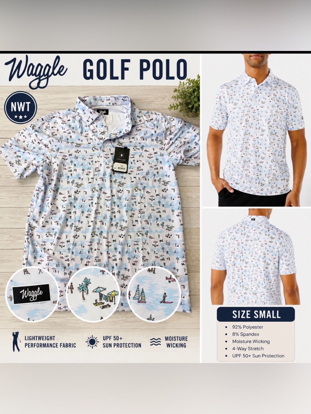 NWT Waggle “Beached It” Men’s Golf Polo Shirt Size Small Beach Print